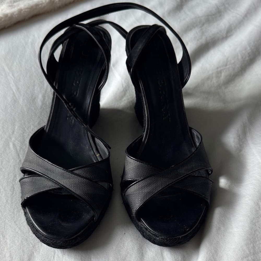Womens Burberry Black Gray Plaid Espadrilles Ankle Strap Wedges